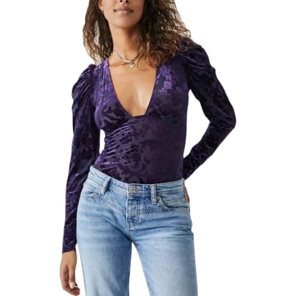 NWT Free People Purple Velvet Floral Print Body Suit Size XS ⭐️